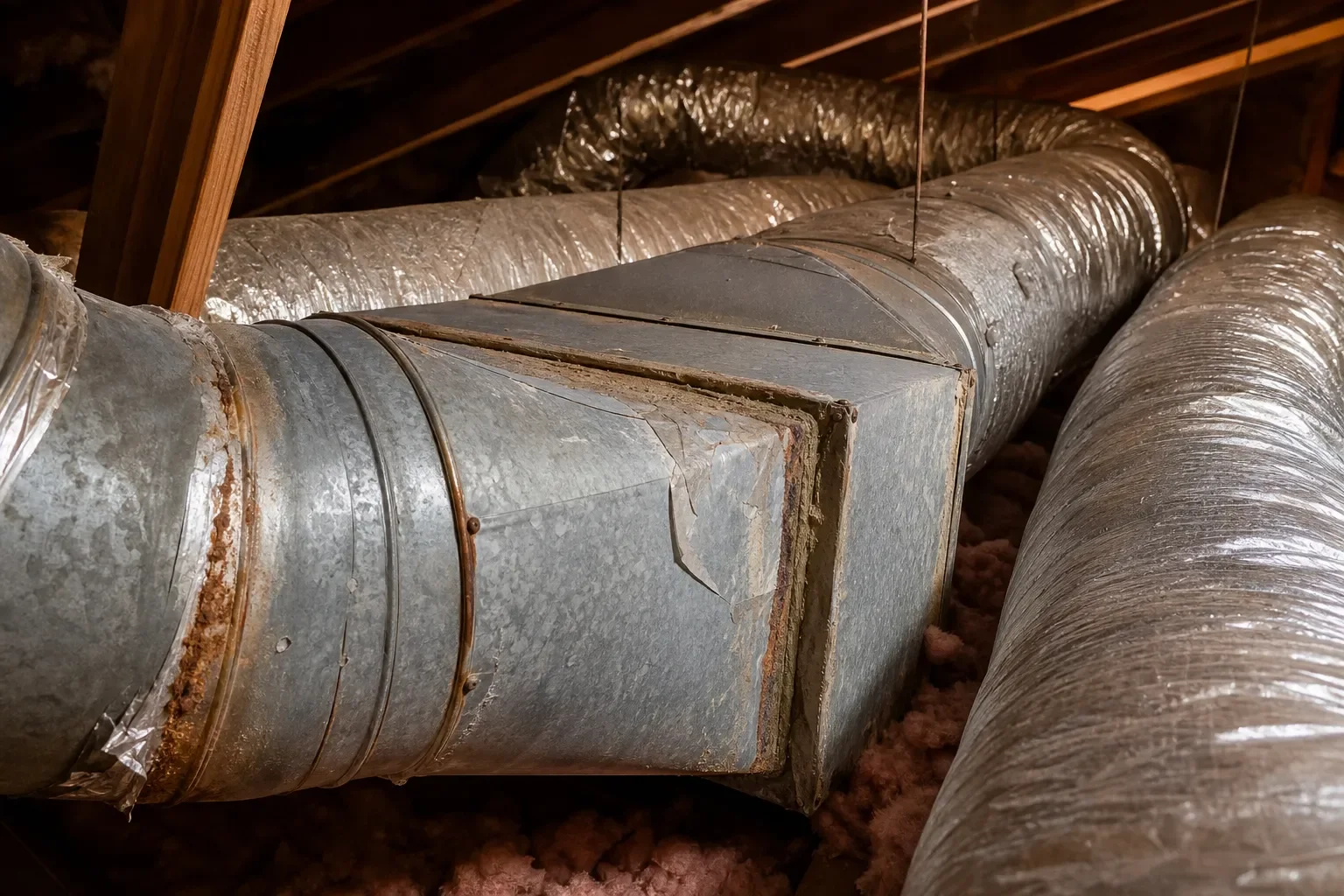 Aging attic ductwork in Gulf Breeze showing worn seals and light corrosion