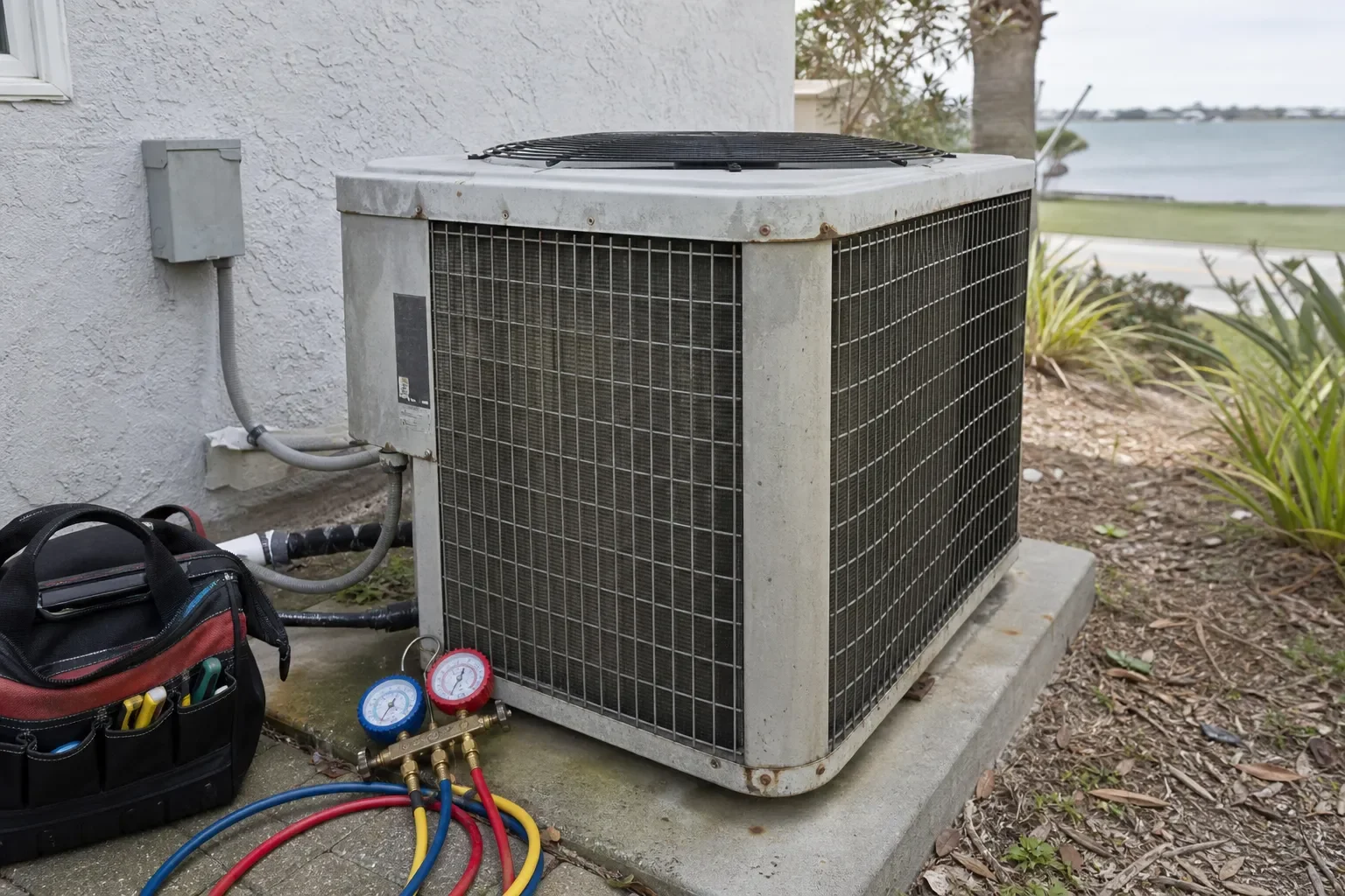 Aging AC condenser outside a home in Gulf Breeze