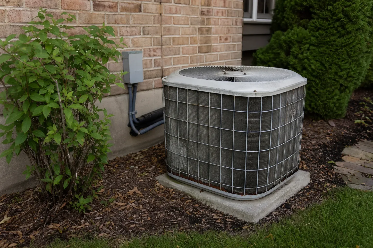 Aging outdoor AC unit that may need central air replacement in Milton