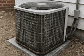 Aging outdoor AC unit showing corrosion and wear before replacement