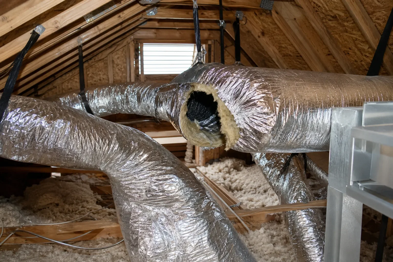 Air ducts in a Navarre property attic being evaluated for leaks and airflow issues