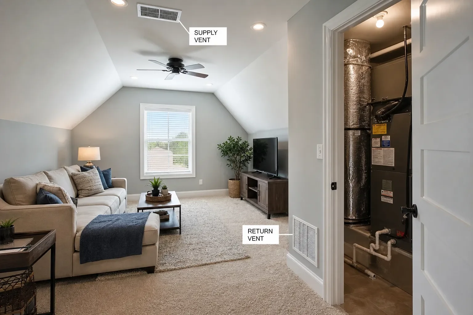 Balanced supply and return airflow design for a converted room in Navarre