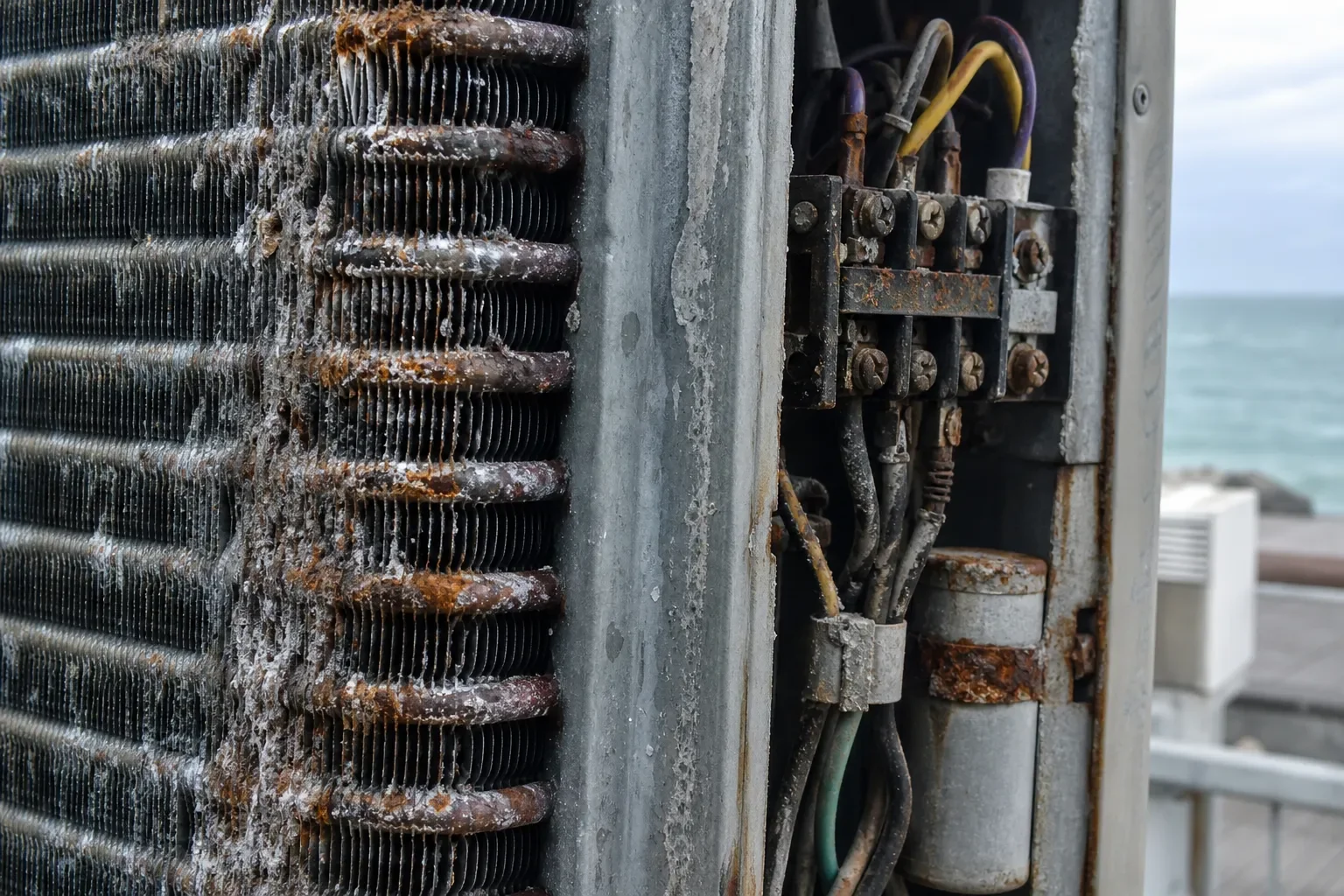 Corrosion on an outdoor air conditioning unit in Gulf Breeze coastal conditions