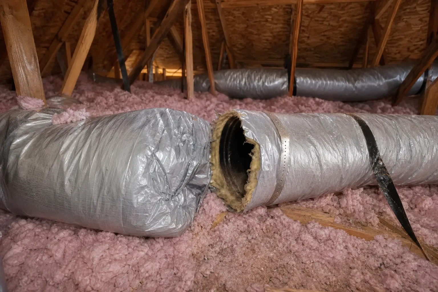 Damaged attic duct connection that can cause uneven cooling