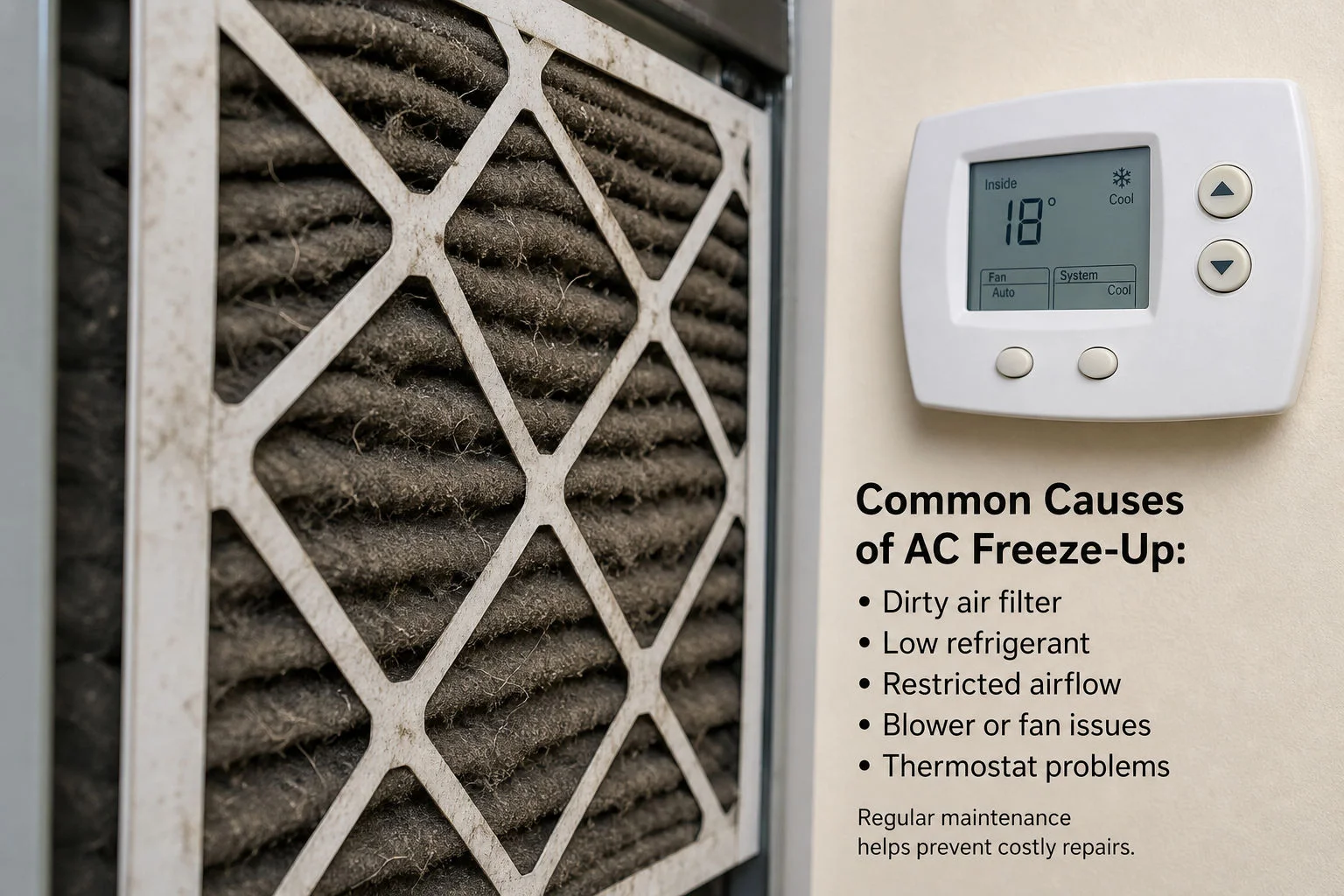 Dirty air filter and thermostat that may contribute to AC freeze-up in Milton