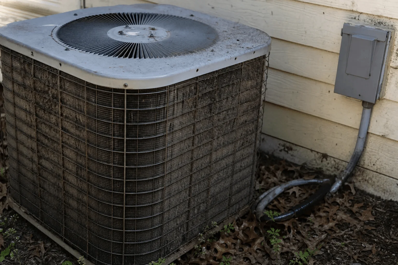 Dirty outdoor AC condenser that can contribute to breaker trips in Milton homes