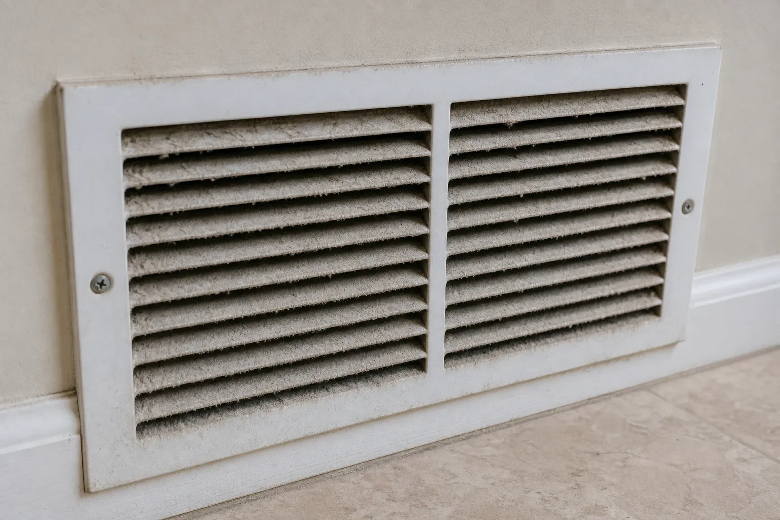 Dust buildup around an air vent register in a Pensacola Beach property