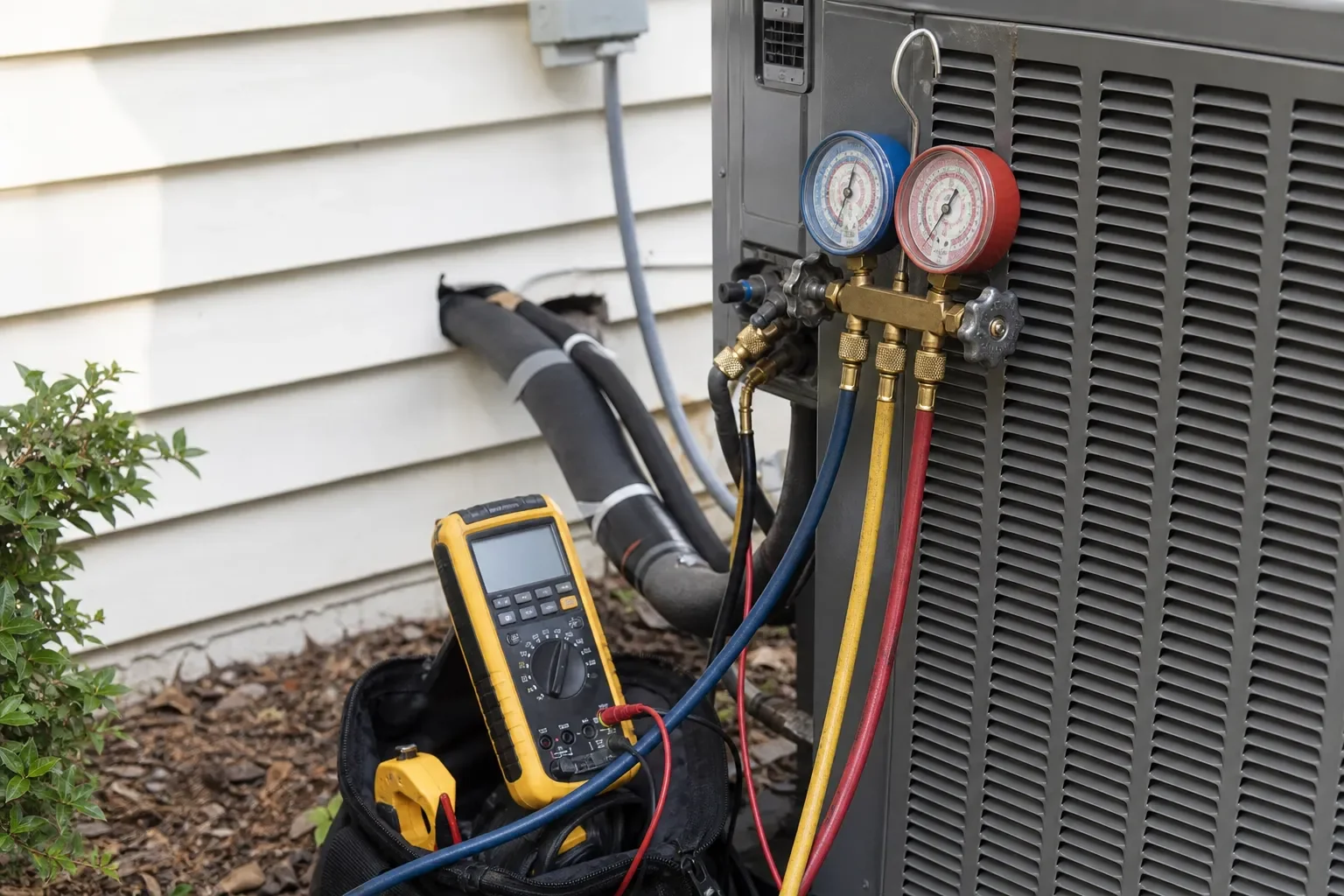 HVAC diagnostic tools being used on an air conditioning system in Milton