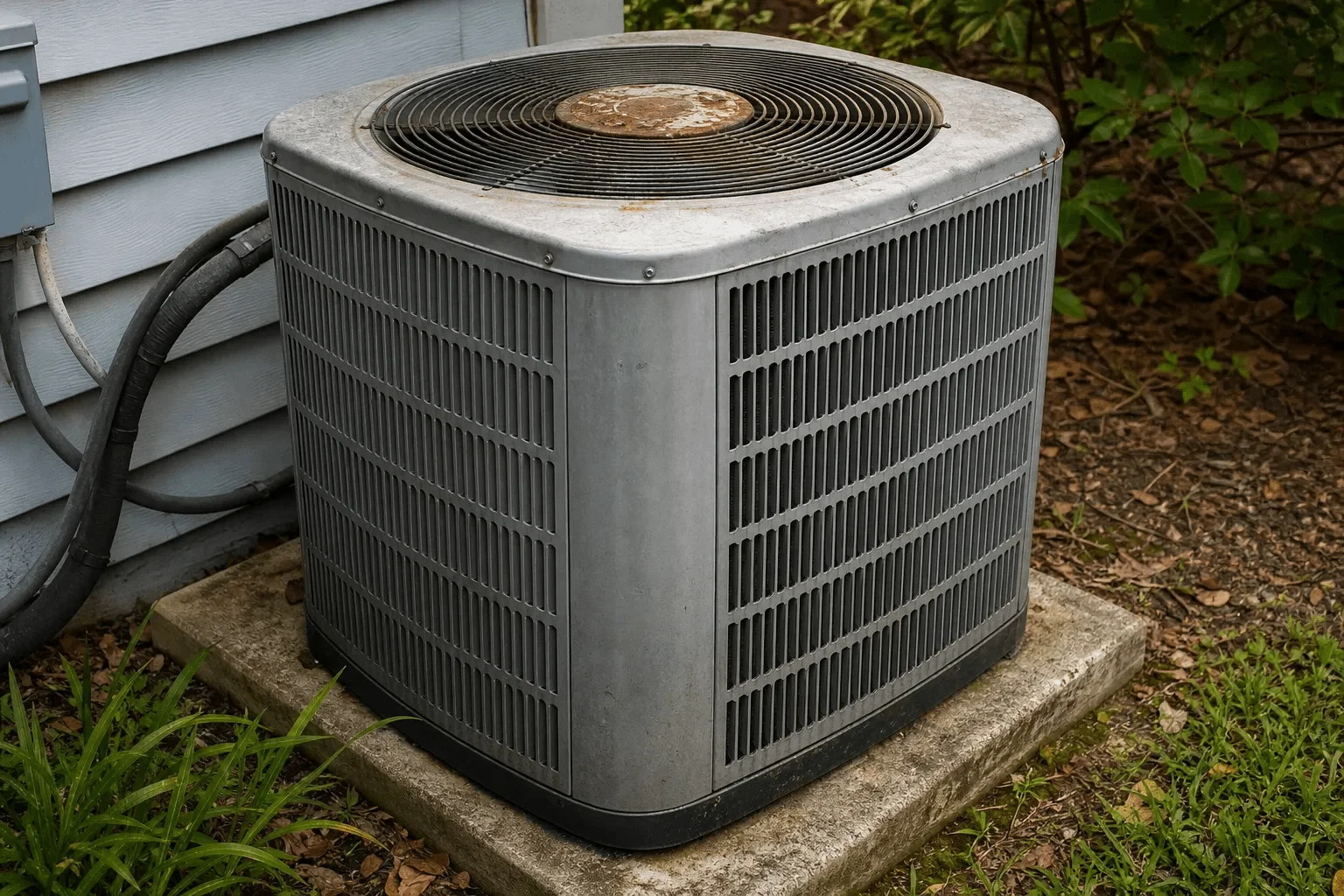 Older AC condenser beside a home in Pensacola showing wear that can contribute to inefficiency