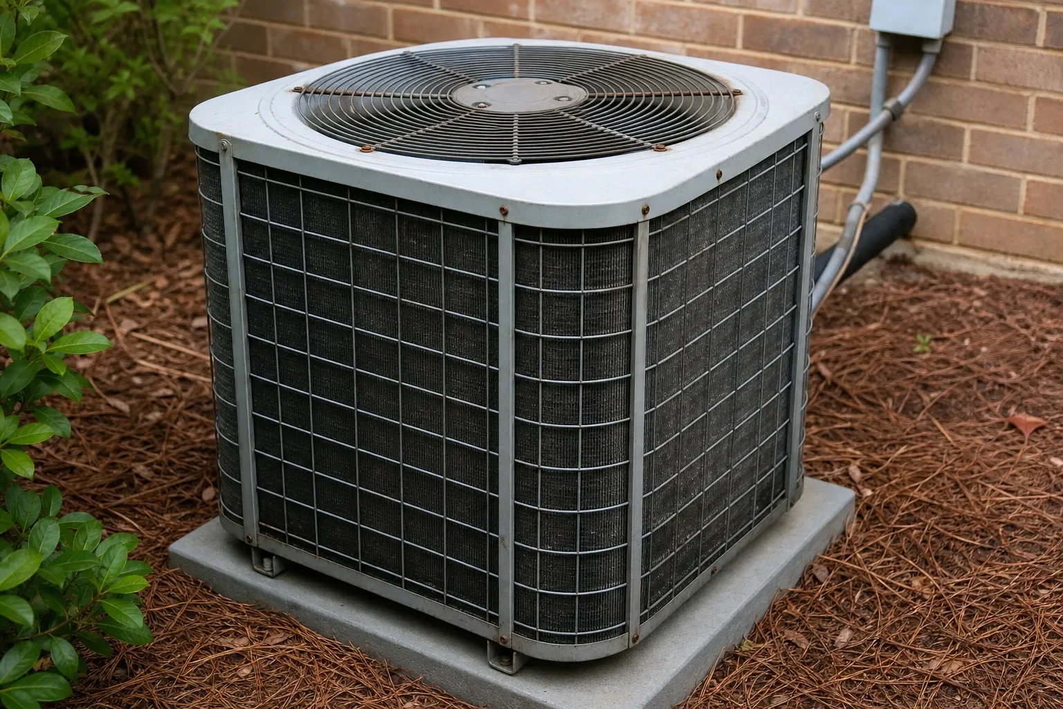 Older air conditioning condenser being evaluated before HVAC replacement in Milton