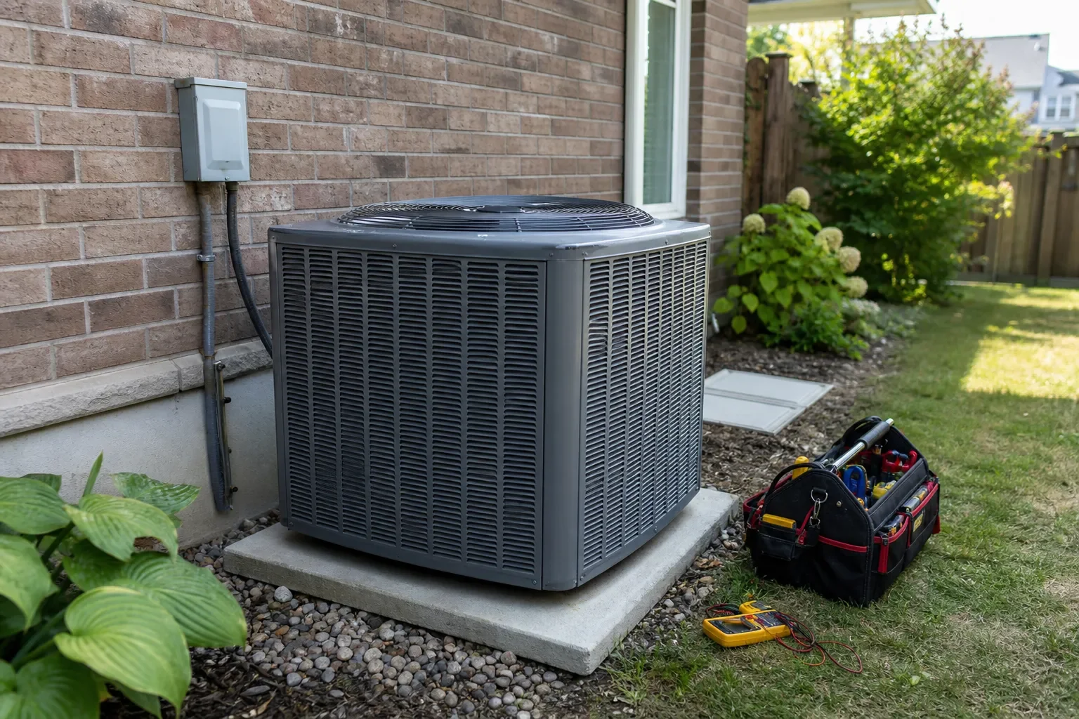 Older outdoor AC unit at a Milton home being considered for central air replacement