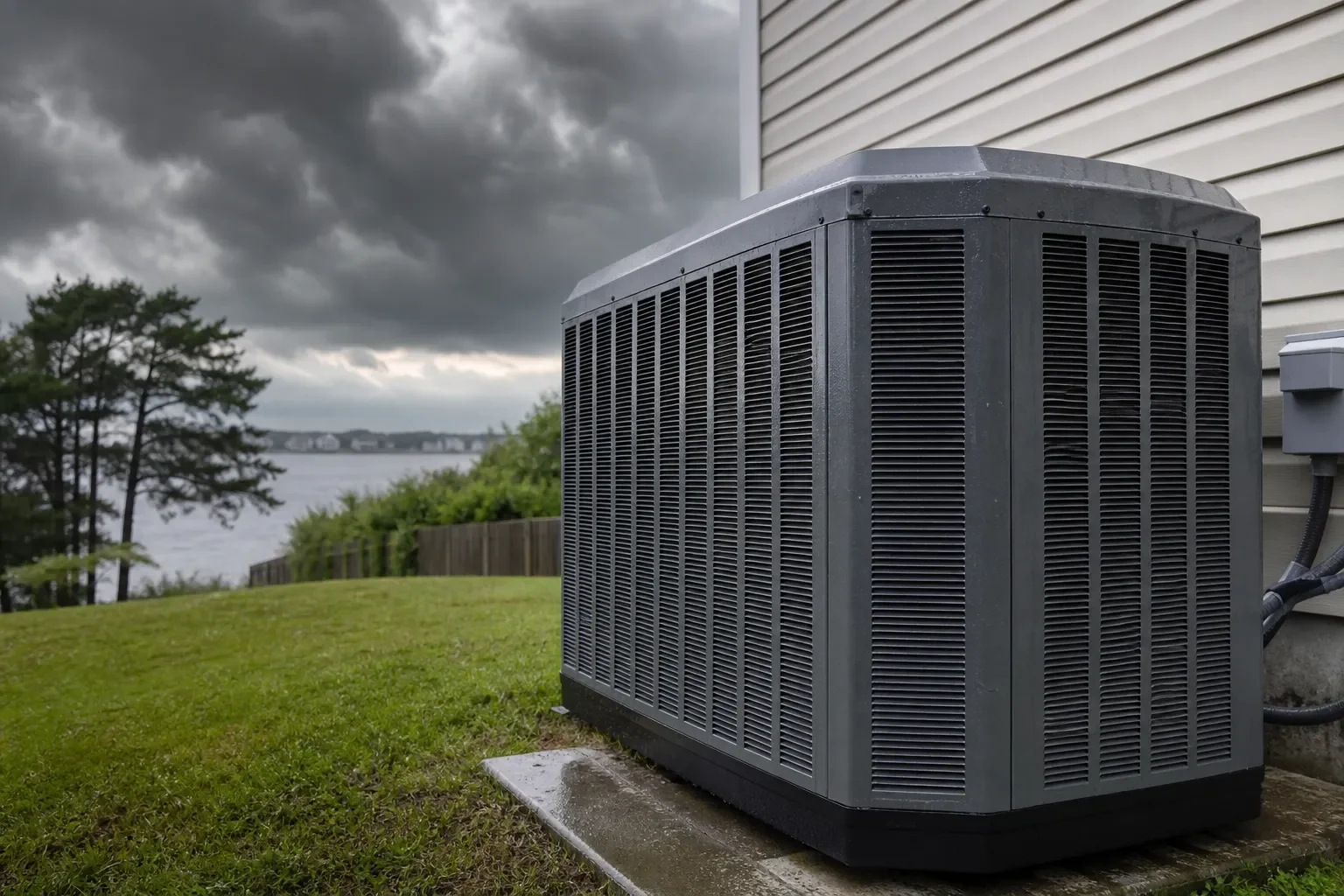 Outdoor AC condenser in Pensacola after an afternoon storm