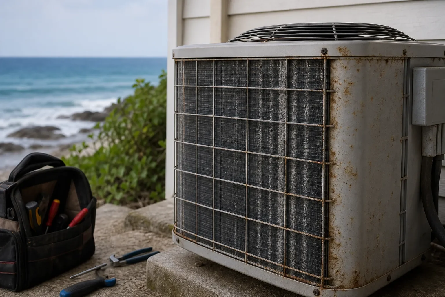 Outdoor AC unit in Pensacola coastal conditions showing why preventive checks matter