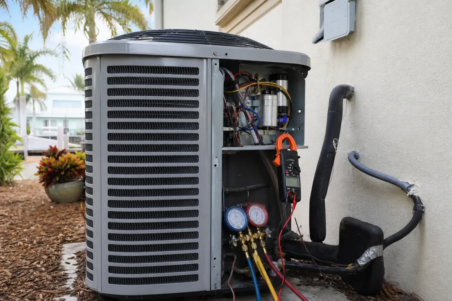 Outdoor air conditioner being inspected for compressor repair in Pace