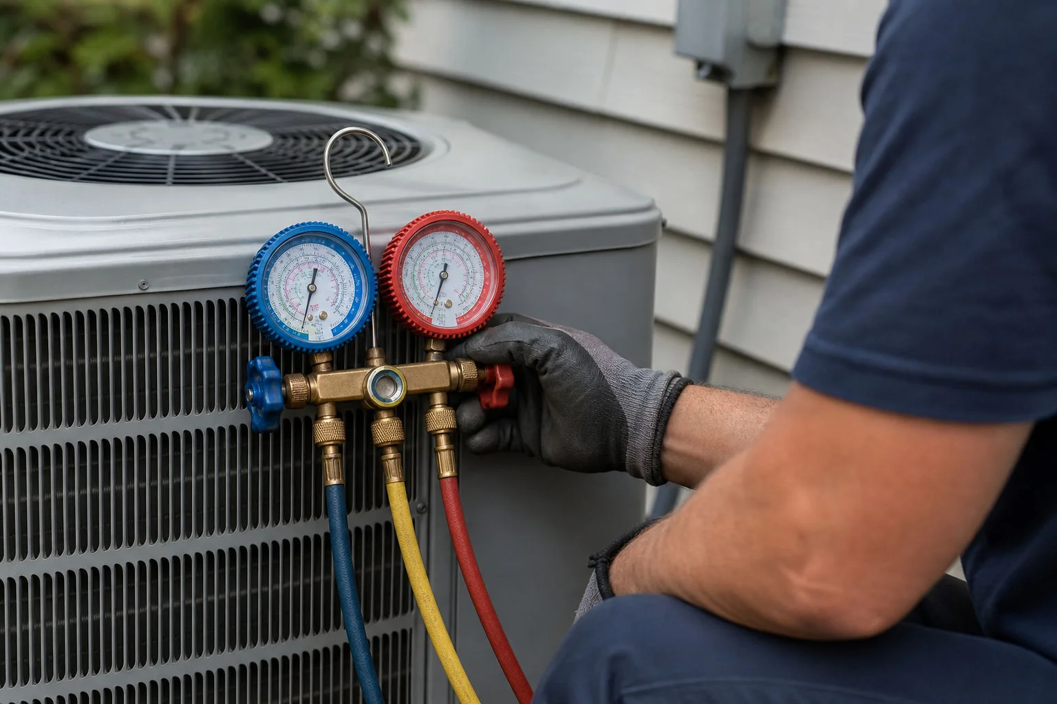 Technician checking refrigerant levels on an AC system in Mary Esther