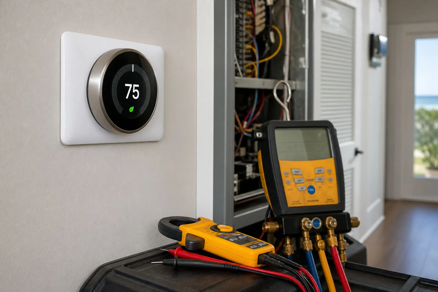 Thermostat and diagnostic tools during AC diagnostic service in Fort Walton Beach