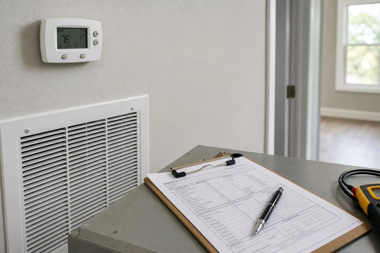 Thermostat and inspection notes during AC diagnostic service in Milton