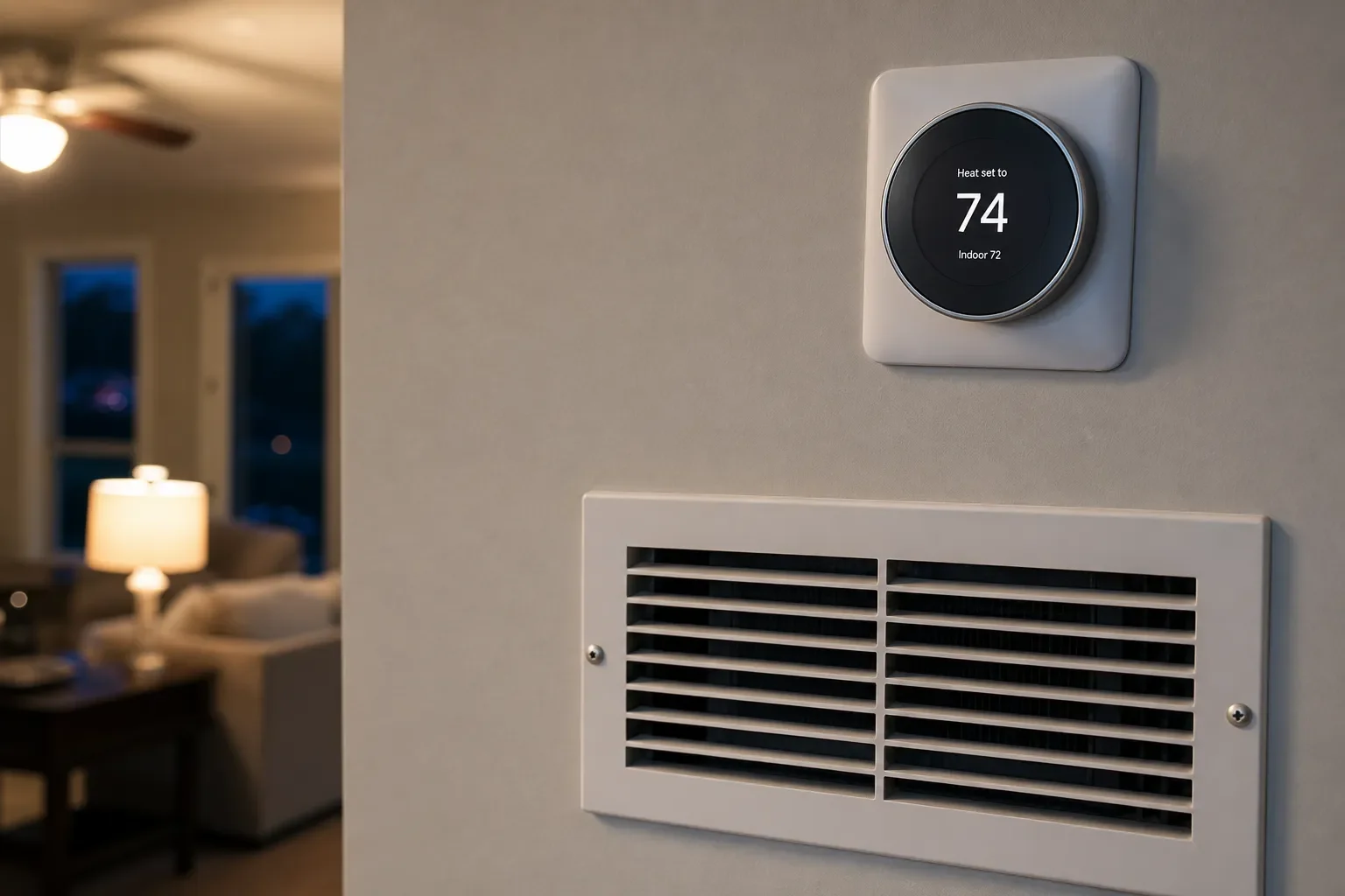 Thermostat and vent in a Pensacola home during evening cooling