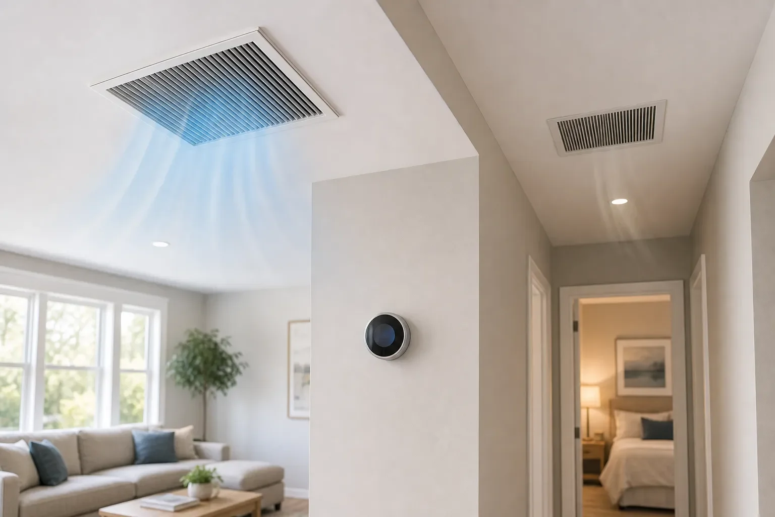 Thermostat and vents in a Navarre home affected by duct-related cooling problems
